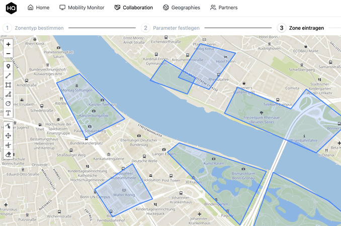 Preview of the policy creator with a view of policies as geojsons on a map