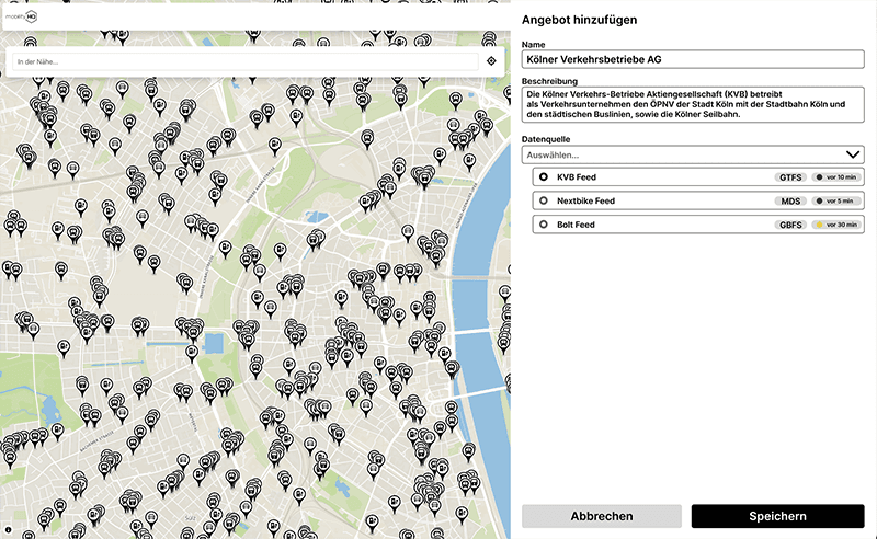 Preview of the mobility map with with interface to manage data sources