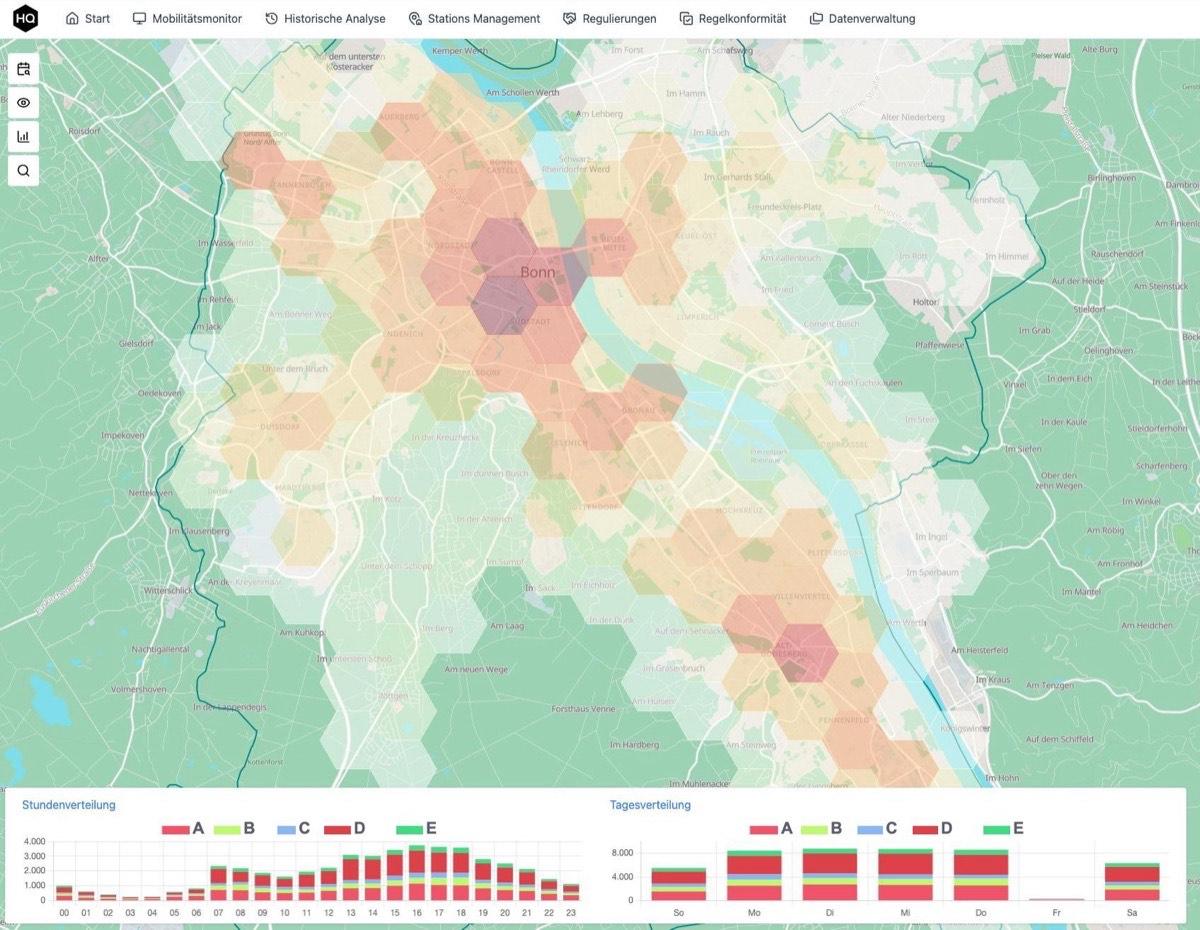 mobilityHQ Fahrten-Analyse: Hexagon-Heatmap der Stadt